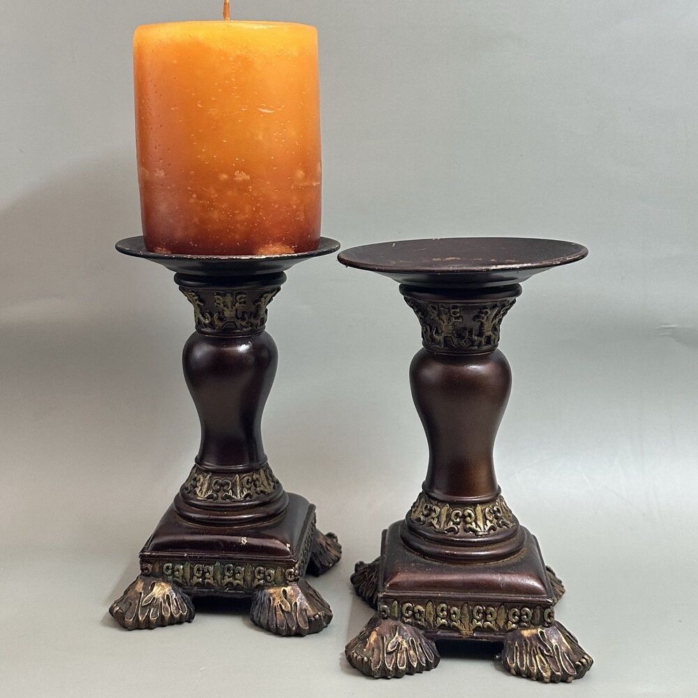 VTG Chinoiserie Pillar Candle Holders Pair Asian Ornate Pedestal w/Candle